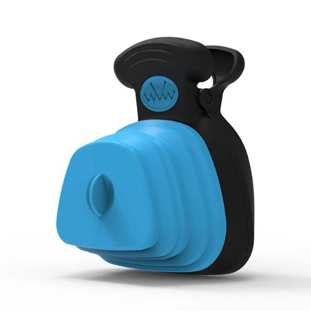 Portable handheld dog pooper scooper with clip and waste bag compartment in blue colour