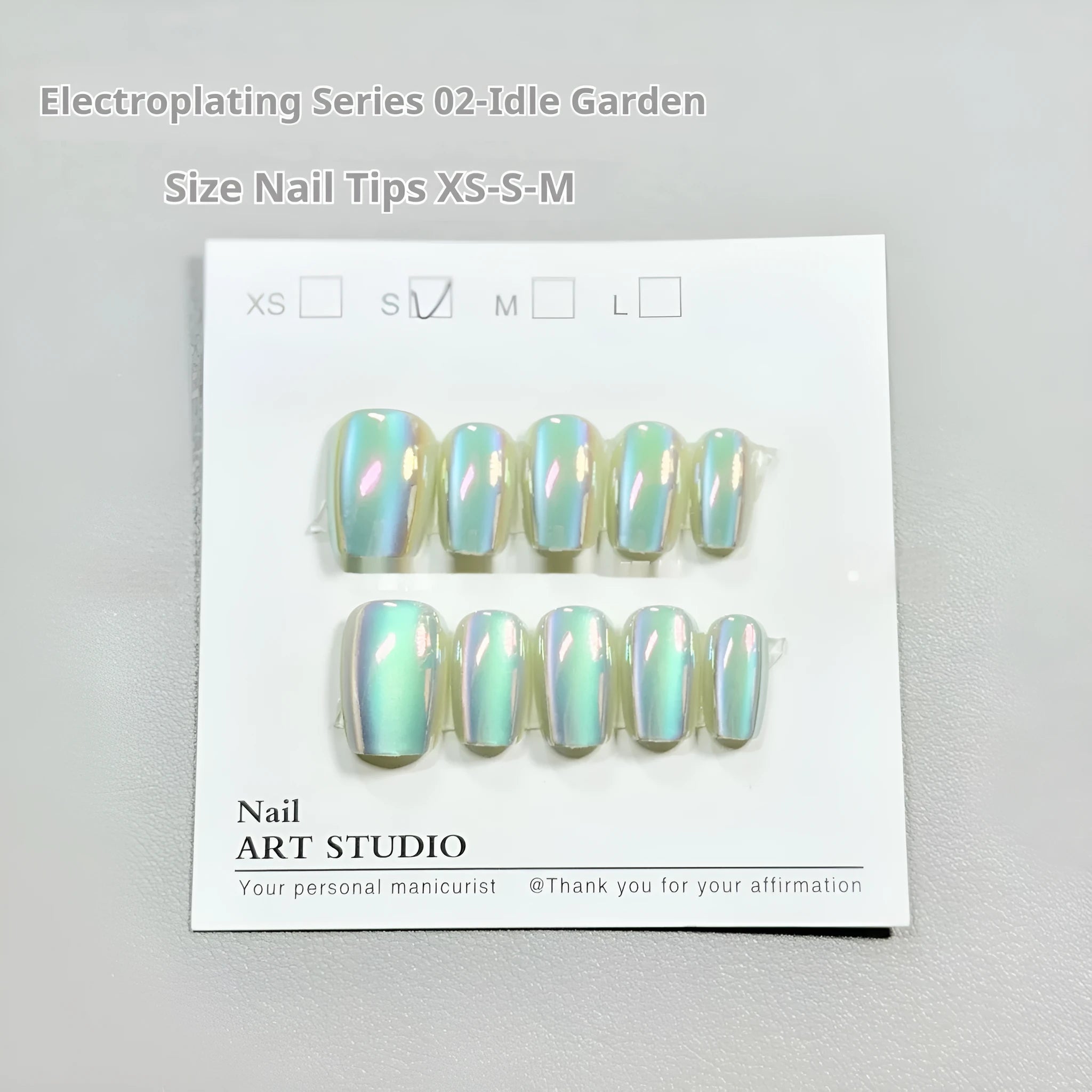 Electroplated Cat's Eye false nails with aurora finish in short ladder lengths XS S M