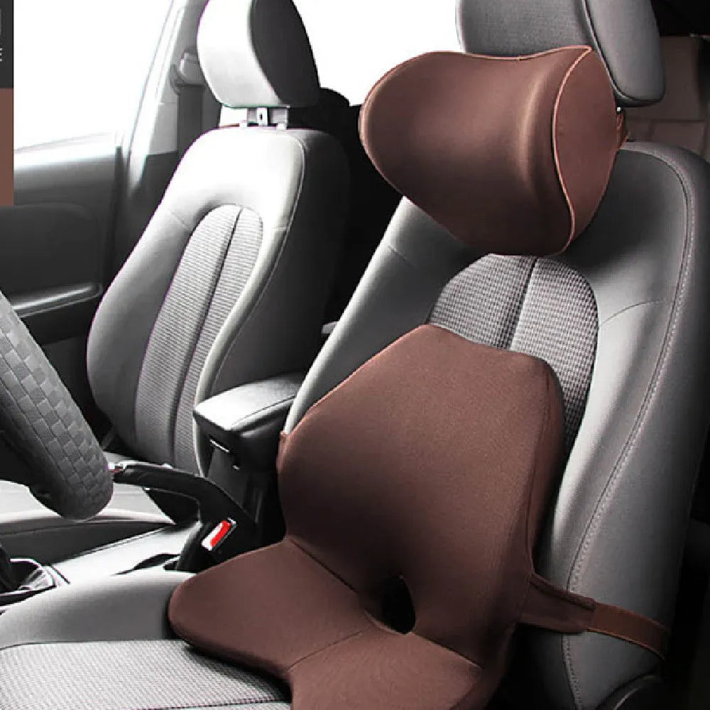 Memory foam car lumbar support pillow with adjustable straps in beige colour