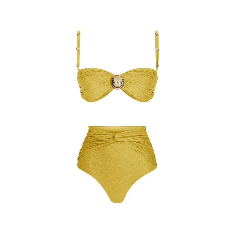 Women's high waist swimsuit available as green one-piece or yellow split bikini with S M L XL sizing