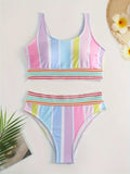 Women's striped two-piece bikini set for swimming and sports casual wear in picture colour.