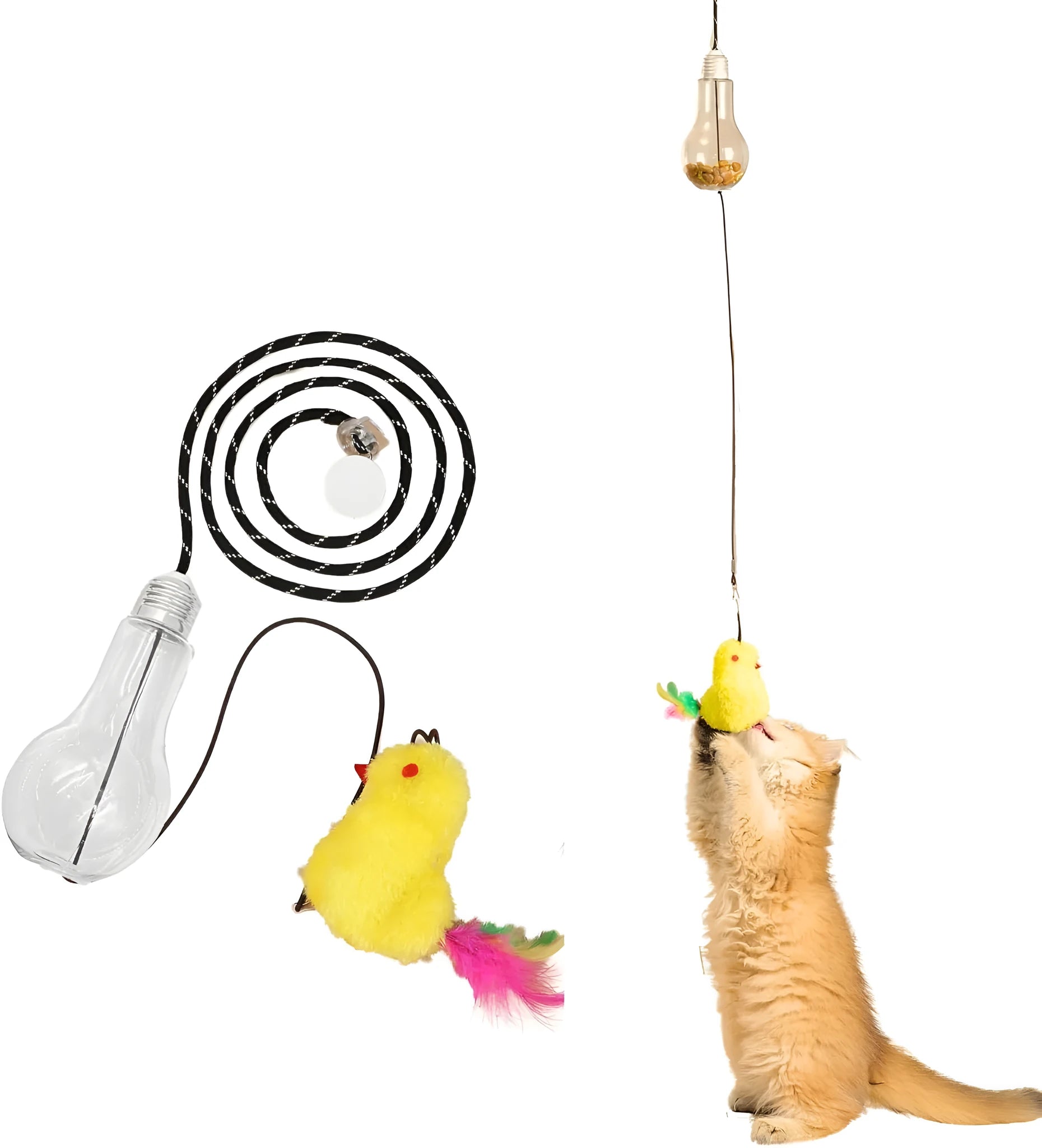 Interactive cat toy hanging on door frame with treat bulb and dangling mouse toy on elastic rope