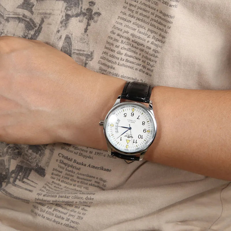 Automatic mechanical watch with calendar, 41.5mm alloy case, ordinary glass mirror, genuine leather strap, white or black belt or black steel belt
