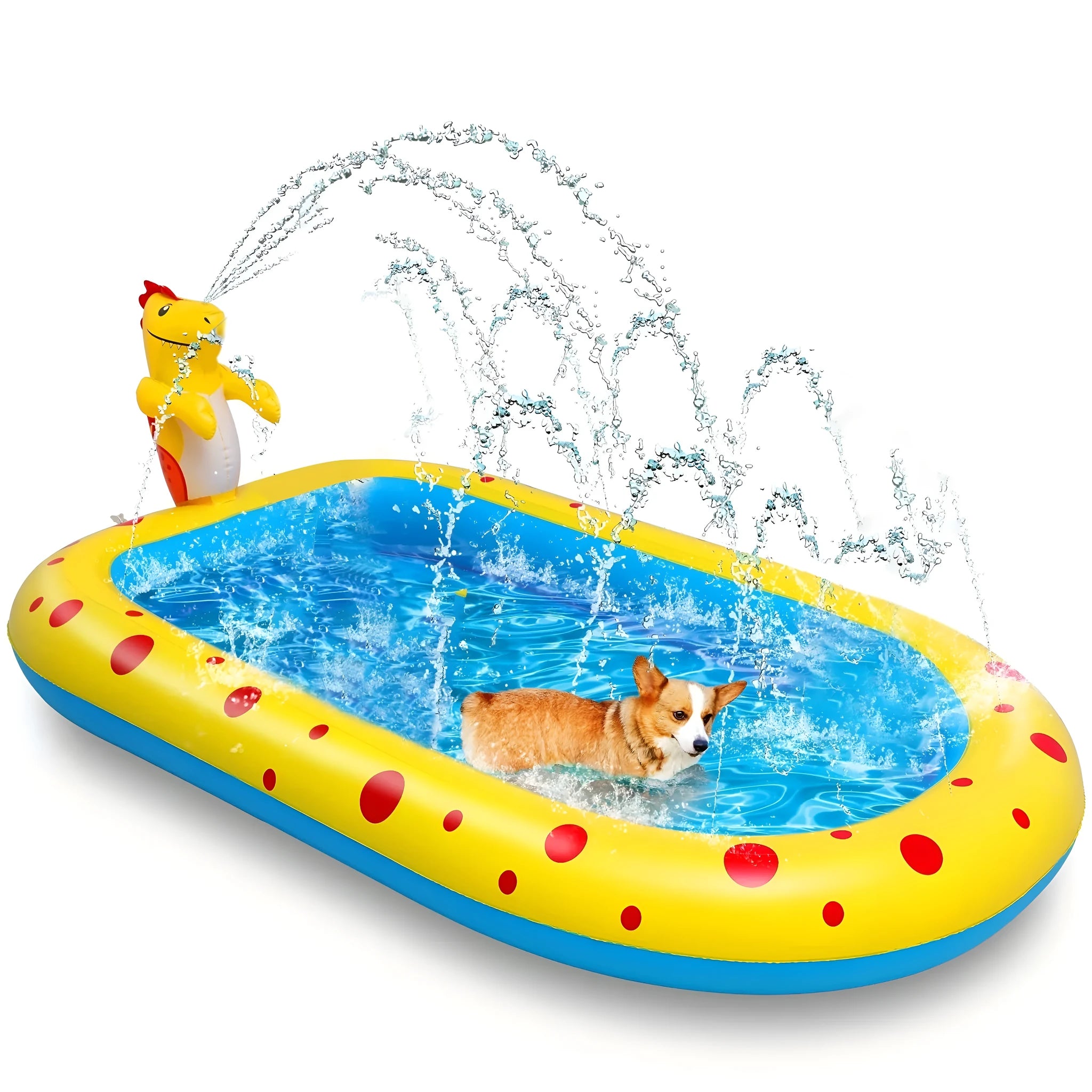 Blue inflatable dinosaur-shaped water pool with shark sprinkler toy for kids