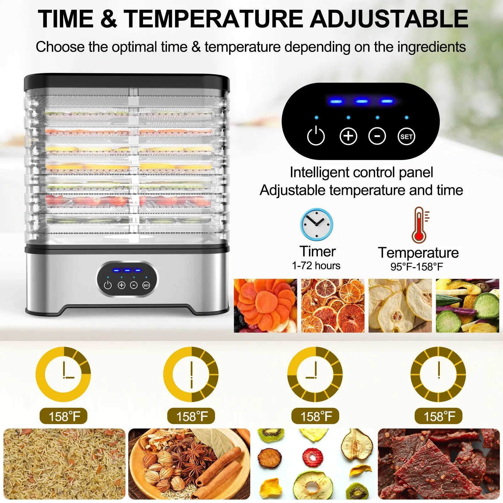 Silver or red household food dehydrator with eight drying trays showing compact storage dimensions