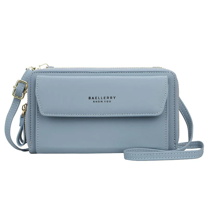 Soft PU leather ladies long wallet with double zip, shown in one of six colours, featuring a horizontal square shape.