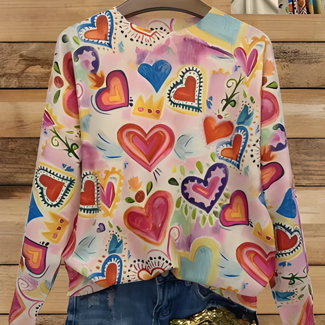 Loose fit digital printed top with lapel collar showing printing details