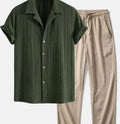 Men's slim-fit camouflage print casual suit with short sleeve shirt and trousers