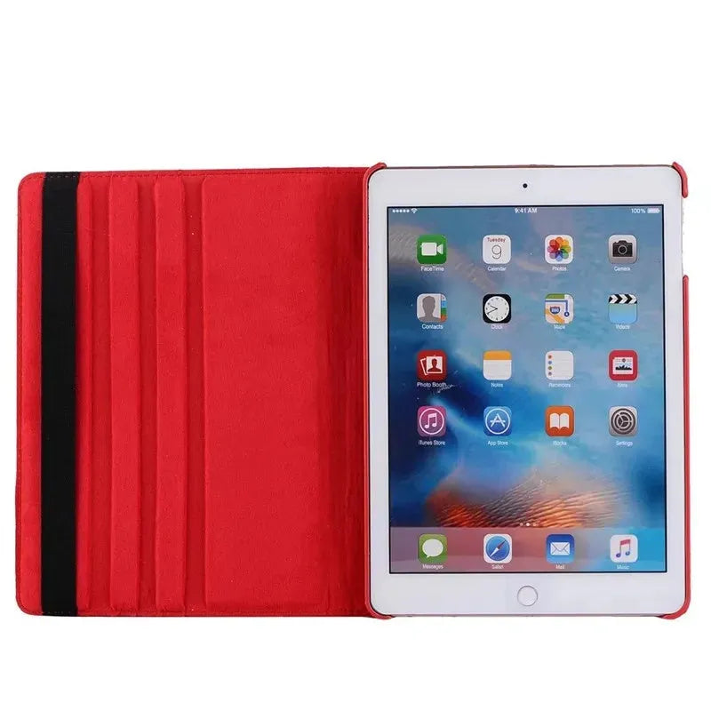iPad rotating protective sleeve in imitation leather, showing clamshell design in solid colour options like black, blue, or pink.