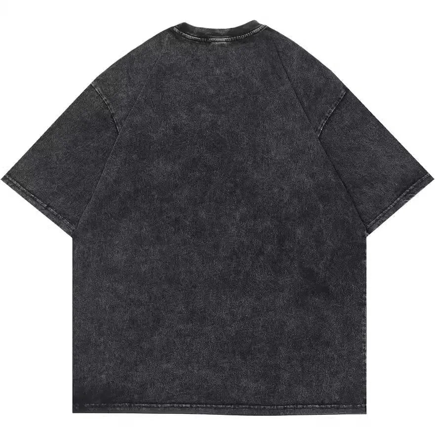 Men's loose black t-shirt with retro cartoon digital print and short sleeves