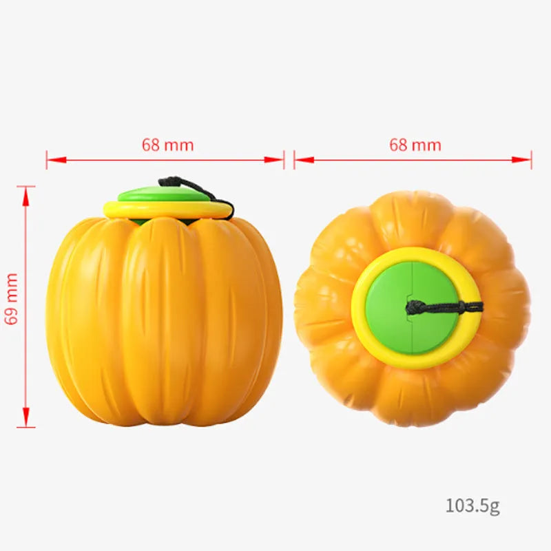 Pumpkin-shaped plastic dog ball with squeaker in green, orange and yellow colours for small dogs