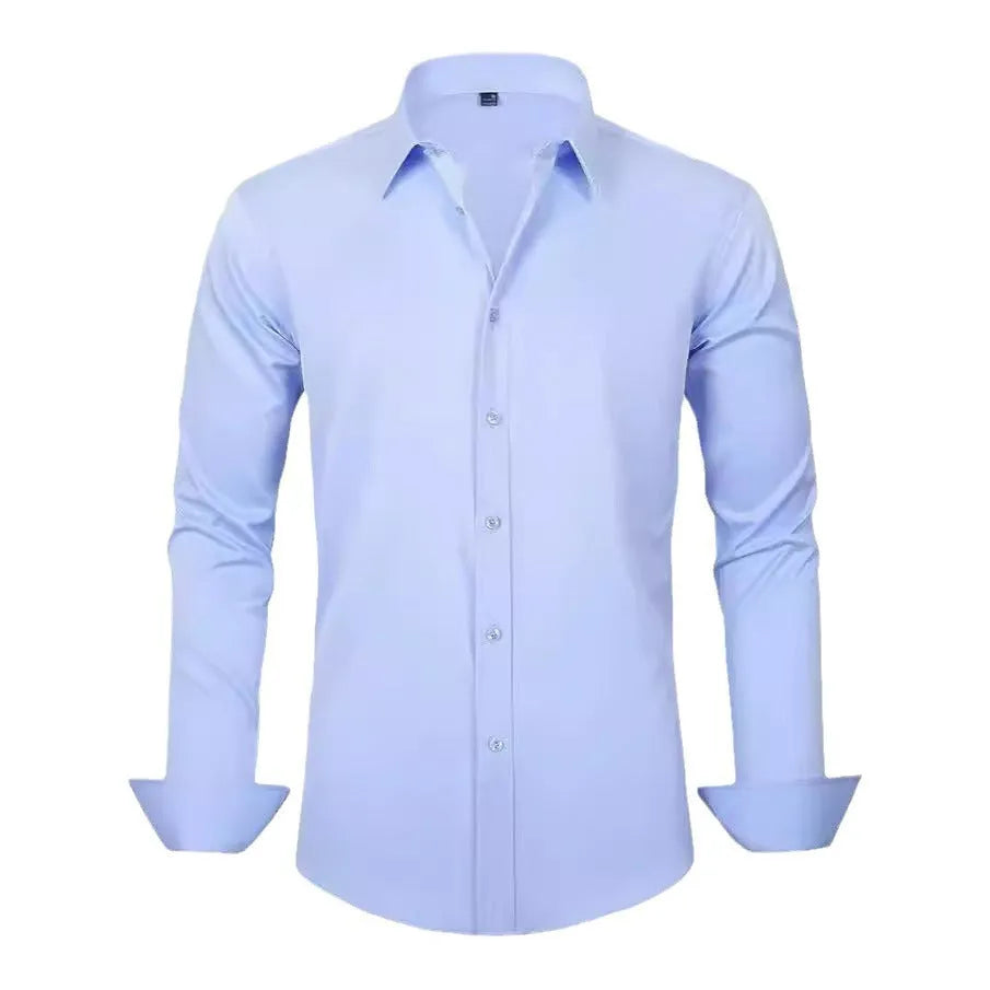 Men's slim-fit long-sleeve solid colour business casual shirt in four-way stretch polyester, shown in available colours and sizes 38/XXXS to 48/XXXXXL
