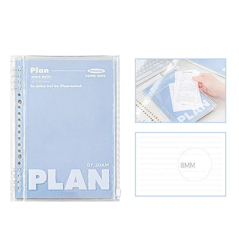 A5 PVC spiral notebook in white or blue colour showing dimensions of 148 x 210mm