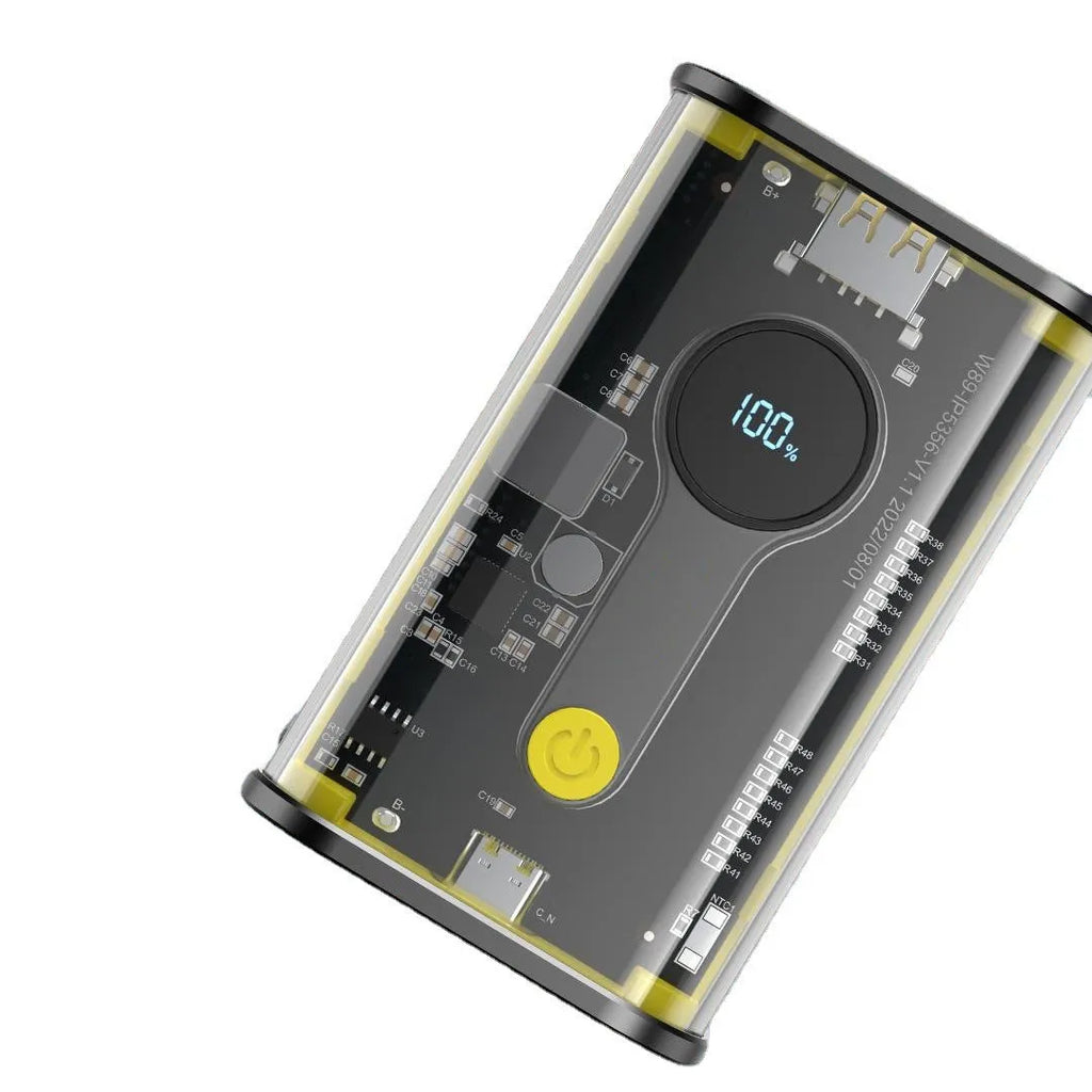 Transparent yellow power bank showing internal aluminium battery casing and 18650 lithium ion cells