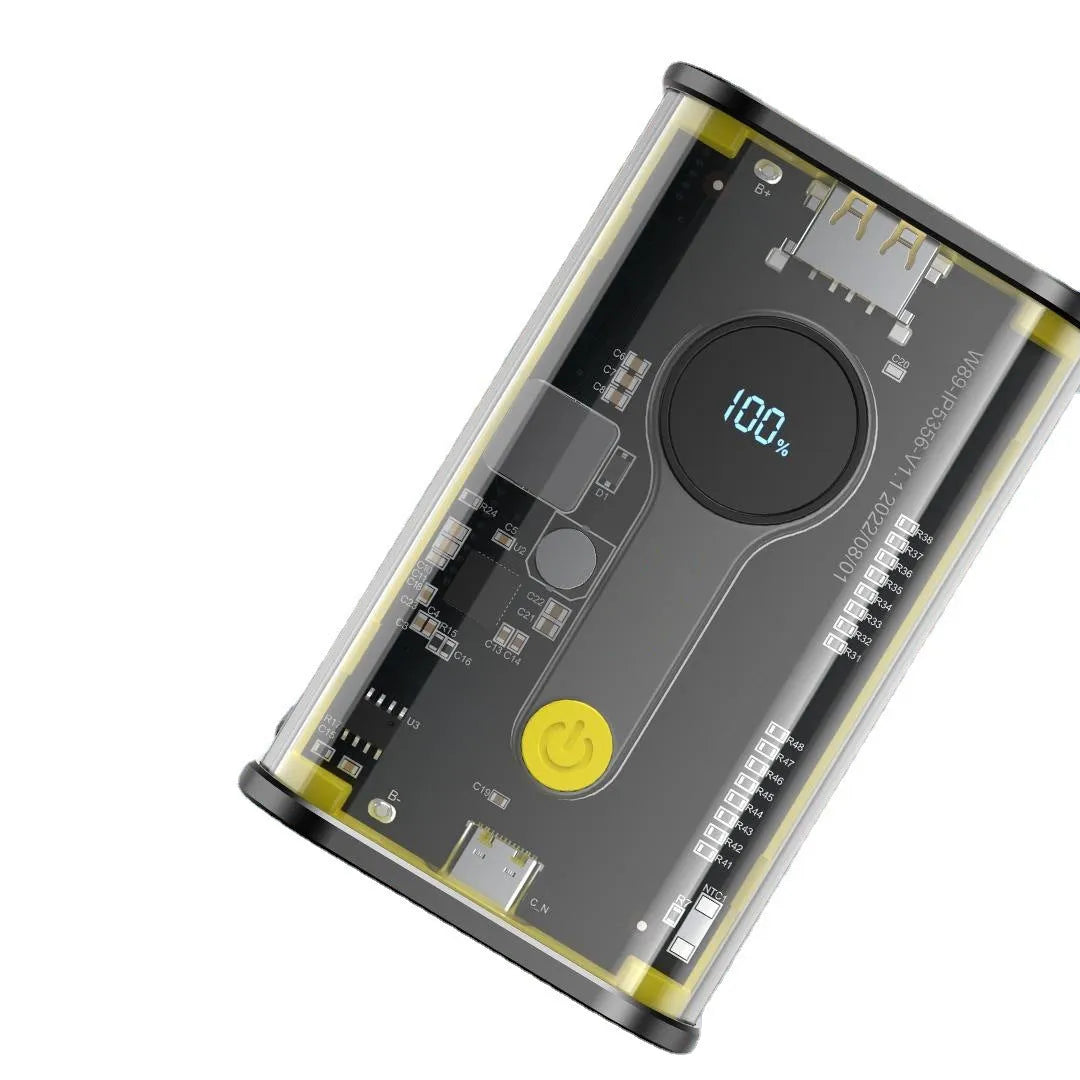 Transparent yellow power bank showing internal aluminium battery casing and 18650 lithium ion cells