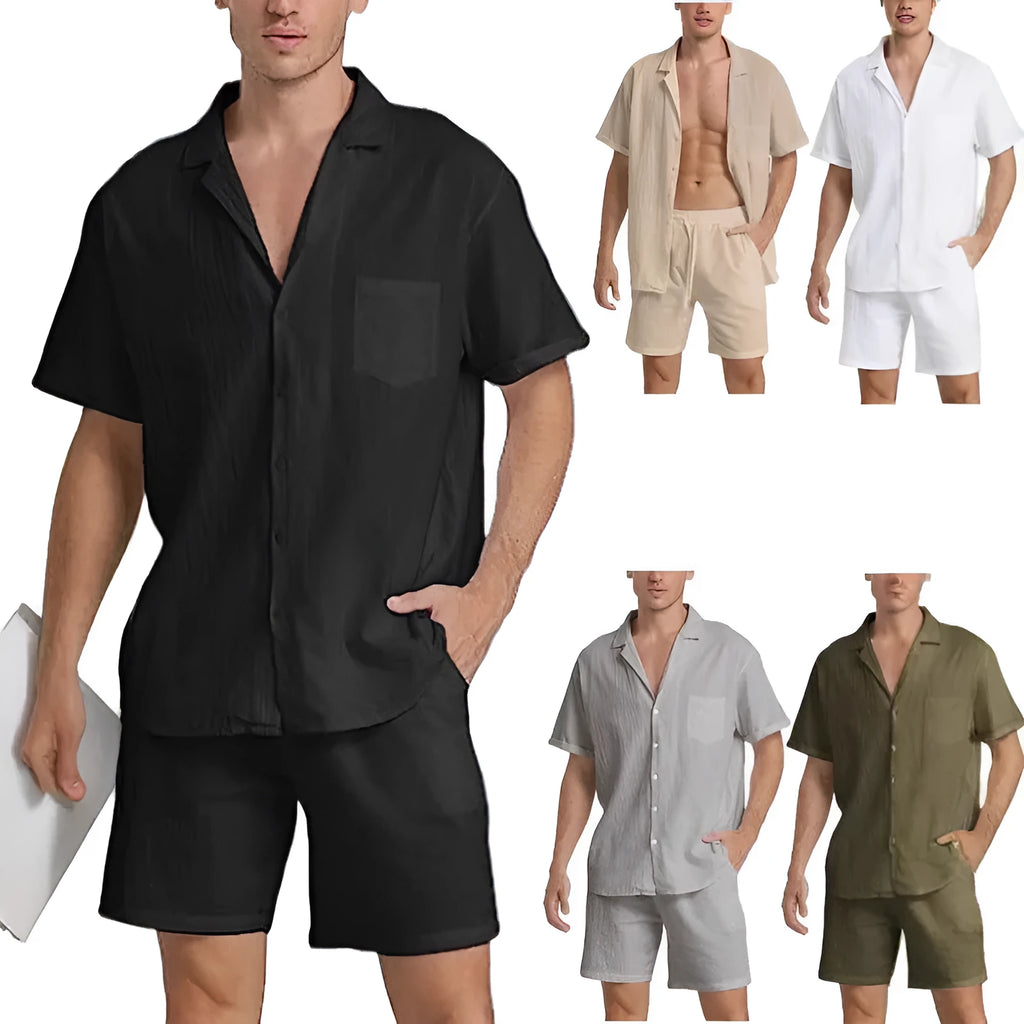 Men's flax linen short-sleeve top and shorts sports suit set on a hanger, shown in army green colour.