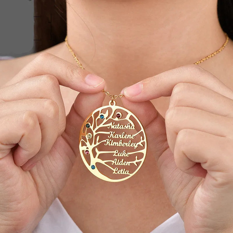 Personalized stainless steel Tree of Life necklace with custom name, gold or rose gold or steel colour clavicle chain