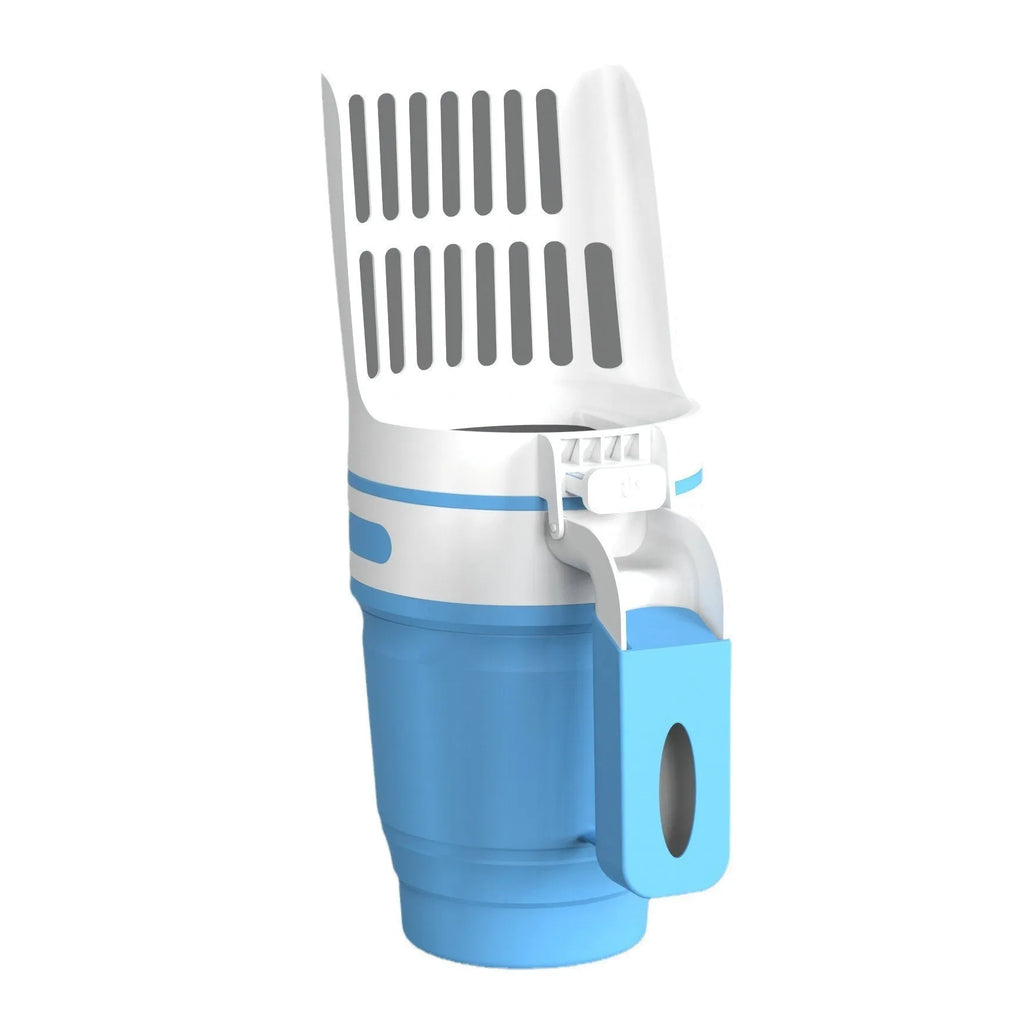 Grey widen cat litter scoop with attached waste bin and foldable bottom, shown with refill bags.