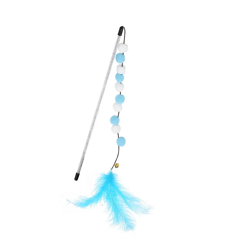 Colourful cat teaser stick with bell, feather, and acrylic pom-pom attachments on 31cm stick