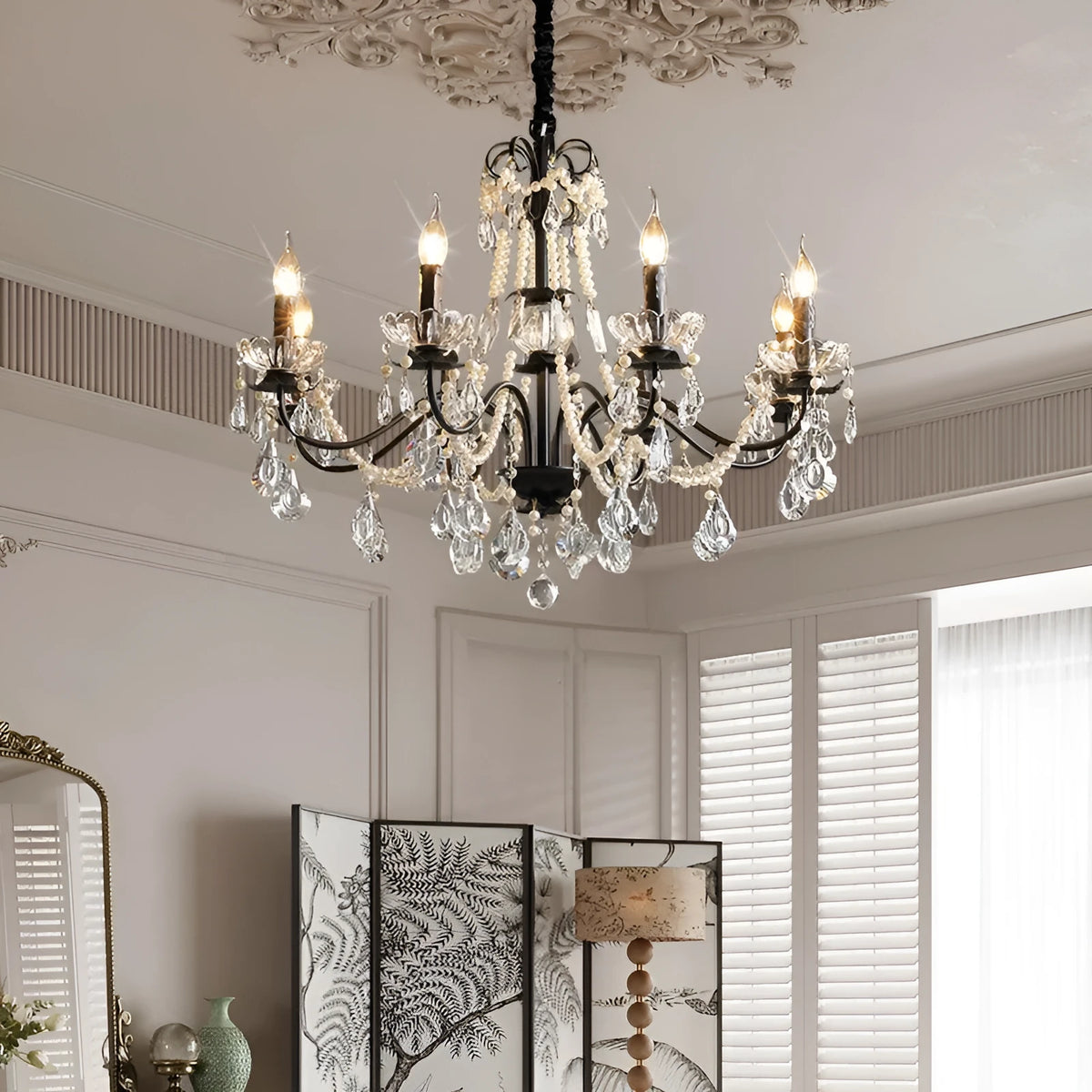Black crystal chandelier with iron droplight frame and monochrome 220V ceiling light for living room or dining room
