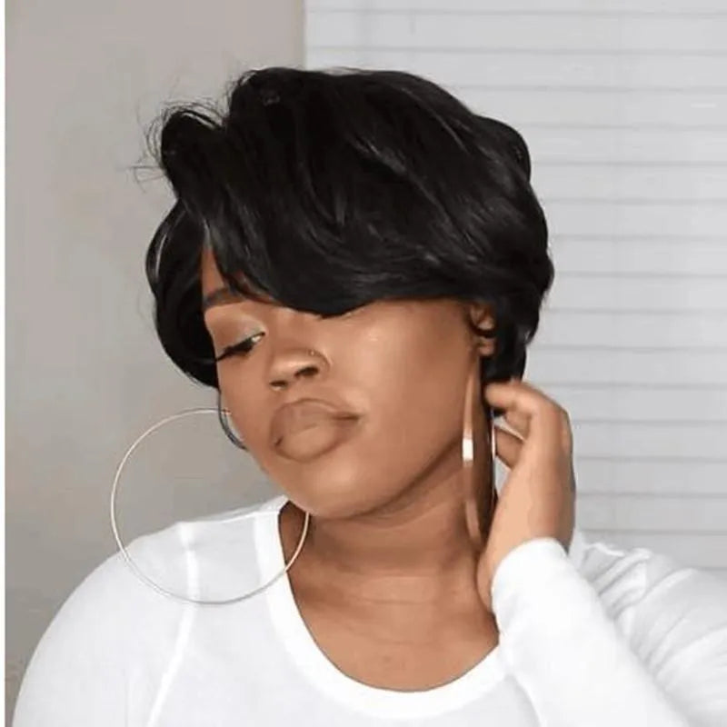 Black short bob wig with lace frontal, high temperature wire, shown for changing hairstyle