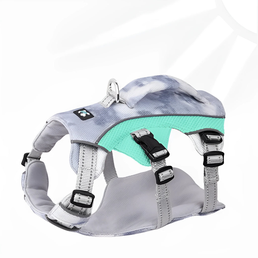 Reflective polyester dog chest strap in light blue, shown with adjustable sizing.