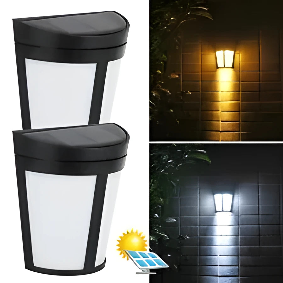 Solar wall lamp with 6 LEDs and IP65 waterproof rating for outdoor garden and courtyard lighting