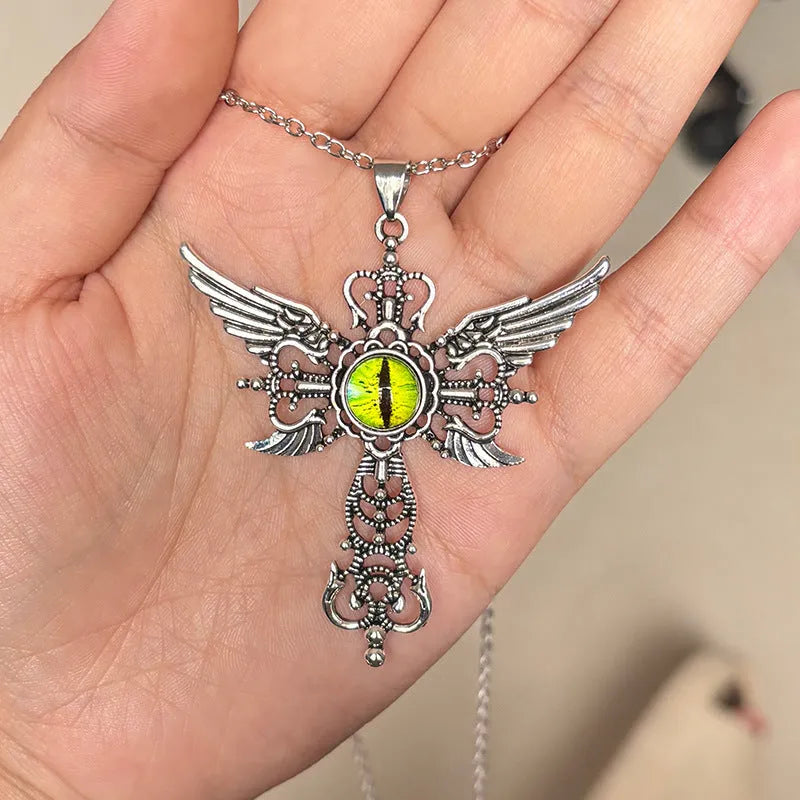 Creative geometric devil wings cross alloy pendant necklace in blue, green, purple, red, and yellow colour options.