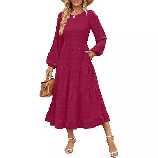 Women's long sleeve high waist casual dress in solid colour with ruffled sleeves.