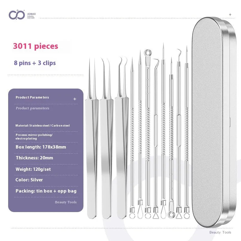 Four silver metal acne needles and a handling clip laid out on a clean surface.