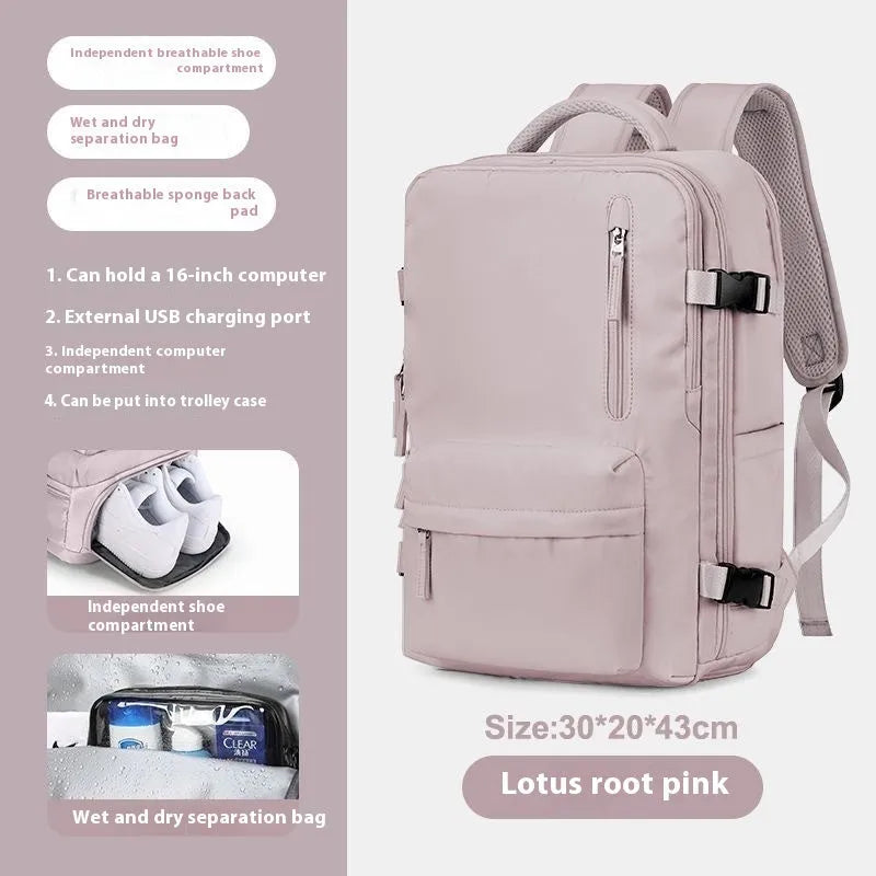 Large capacity waterproof Oxford cloth backpack in solid color with curved shoulder straps for travel and school use