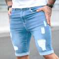 Sky blue men's denim shorts with distressed holes, low waist, and straight leg.