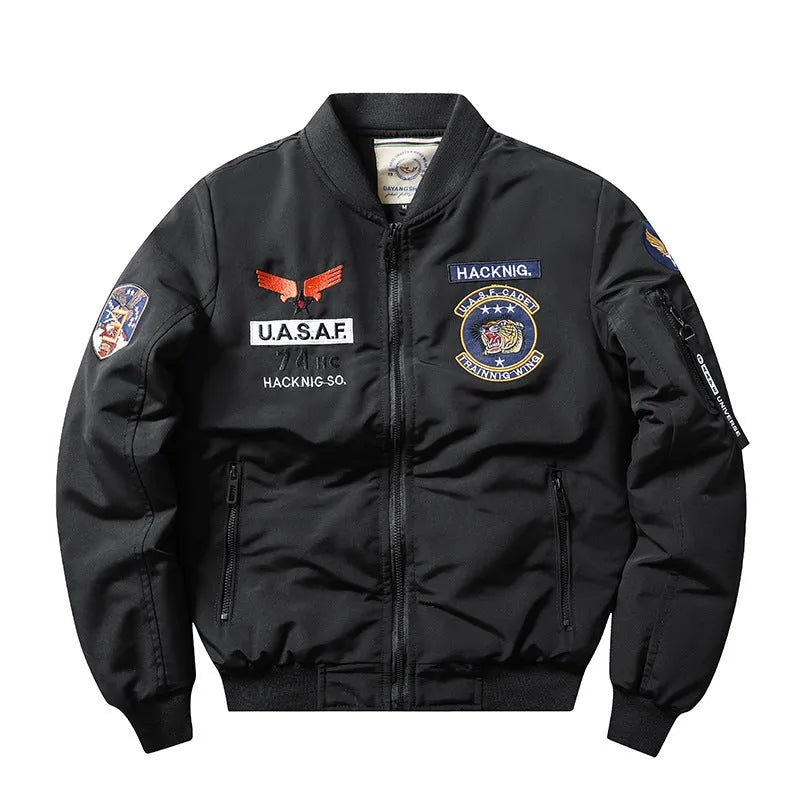 Men's retro Harley motorcycle cotton-padded coat with stand collar and embroidery in solid colour