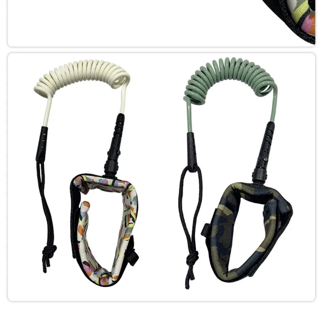 Surfboard leash with hand rope design showing high elasticity and 50kg tension capacity