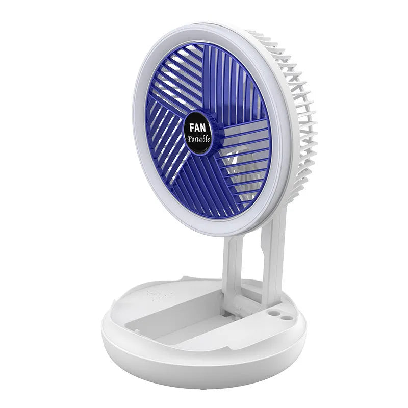 Blue foldable USB desk fan with LED light showing adjustable head and pen holder