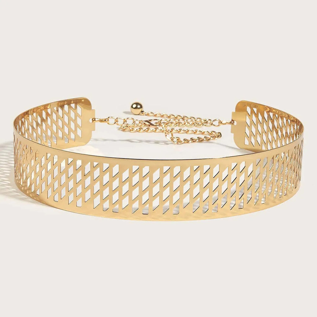 Golden lantern head punching net flower design on a thick black waist seal belt with alloy buckle.