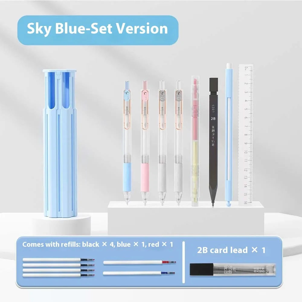 Plastic six pen pencil case kit in multiple colours with pressing pen design for organised storage