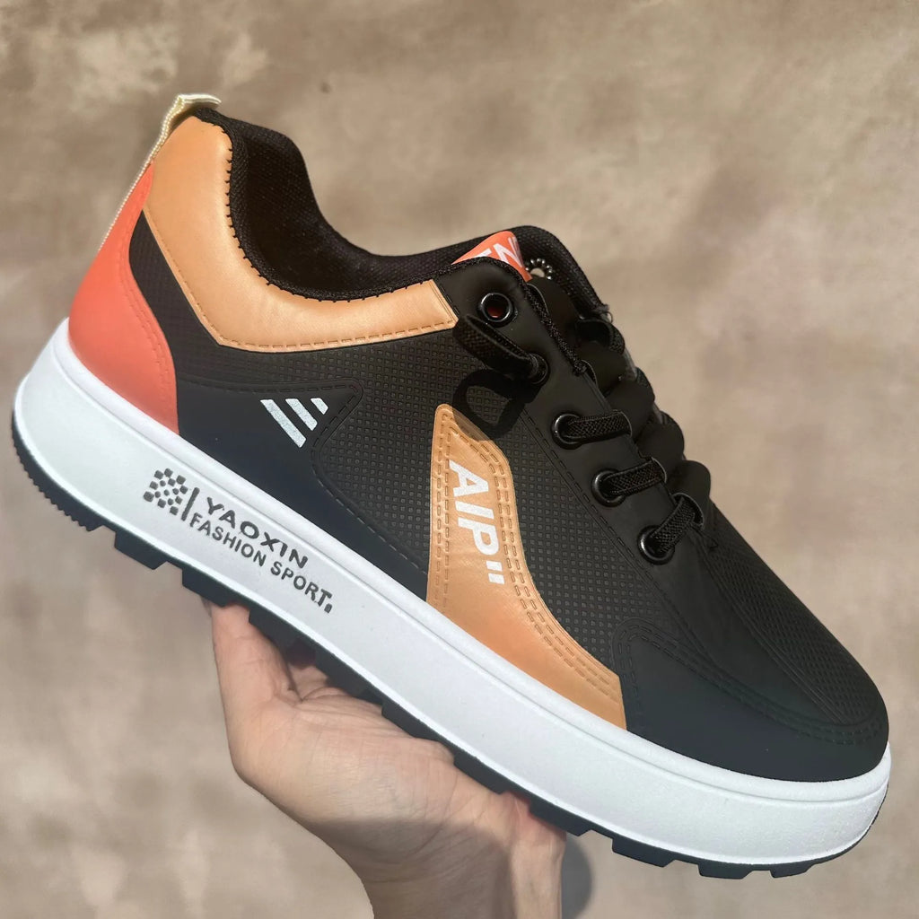 Men's casual sports shoes with artificial PU upper in solid color white and black round toe design