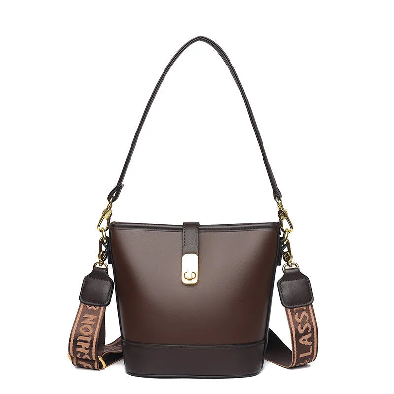 Korean style soft PU leather bucket bag with double shoulder straps in black colour showing internal organisation compartments