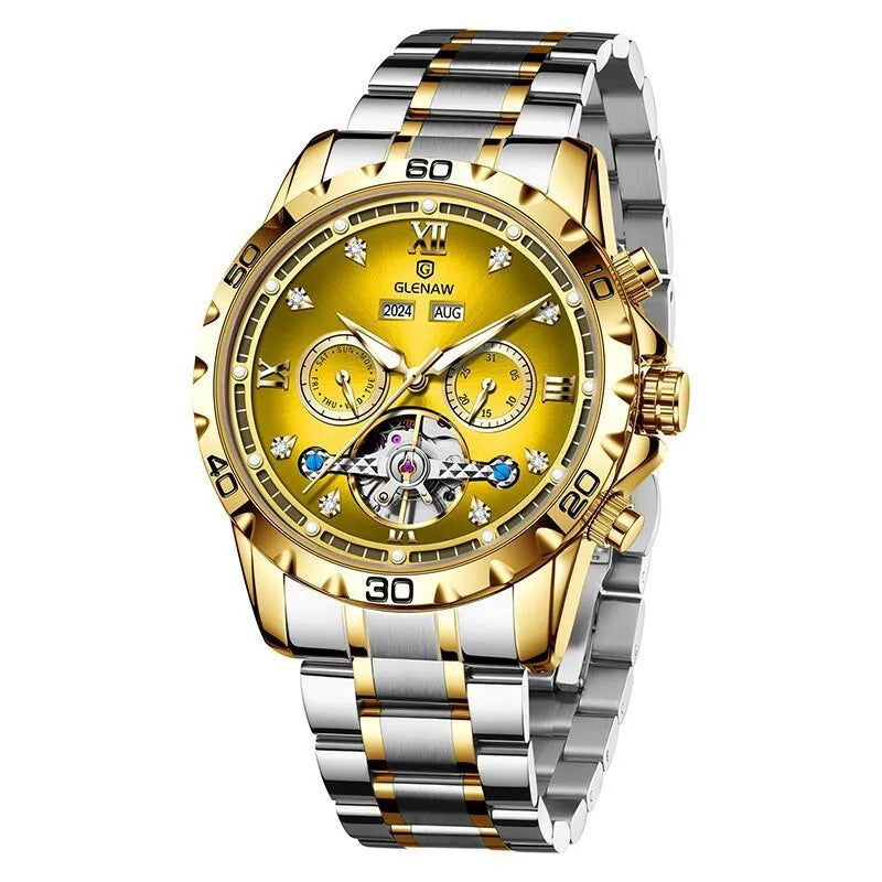 Men's automatic mechanical watch with stainless steel strap and mineral glass in business style