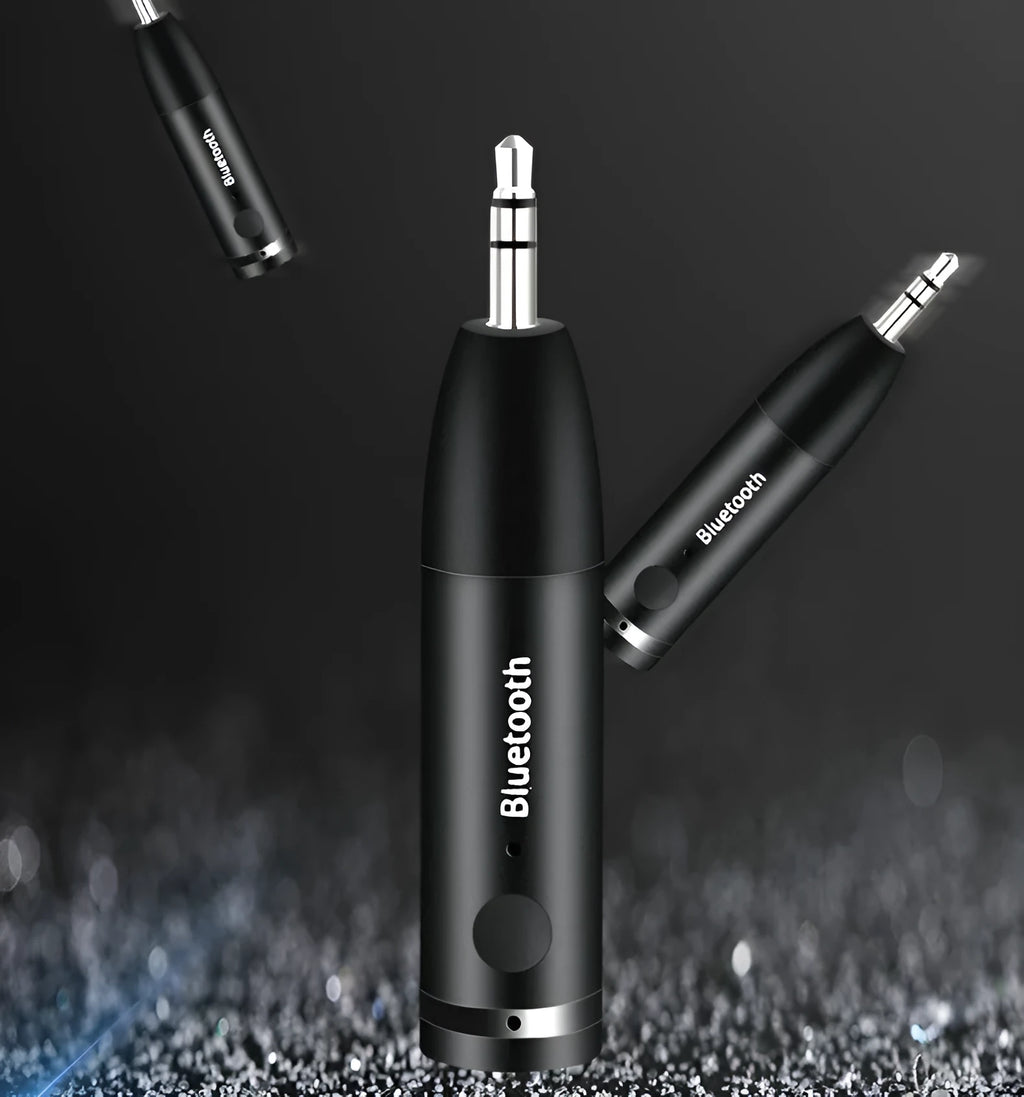 Black Bluetooth audio receiver for car stereo with AUX connection measuring 70mm by 14mm