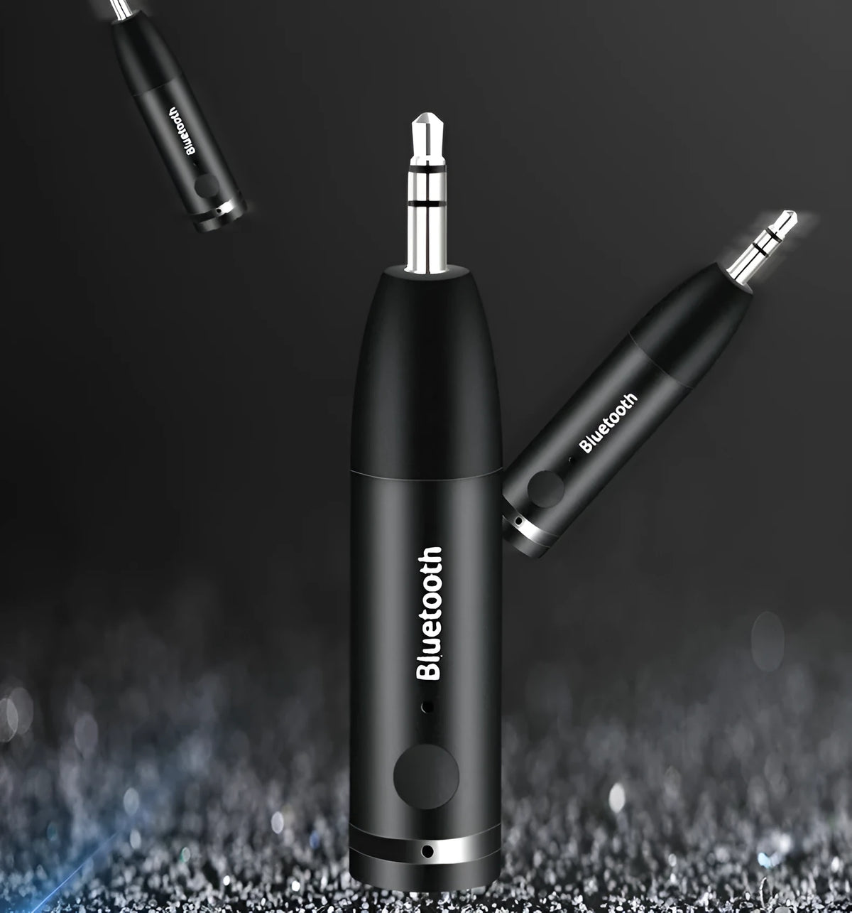 Black Bluetooth audio receiver for car stereo with AUX connection measuring 70mm by 14mm