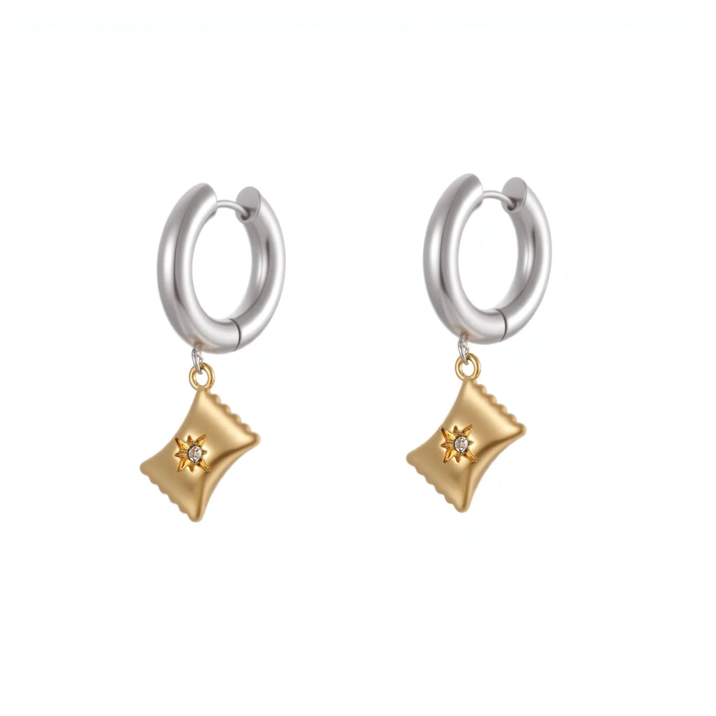 Christmas tree heart earrings in stainless steel with 18K gold plating showing heart and star shapes