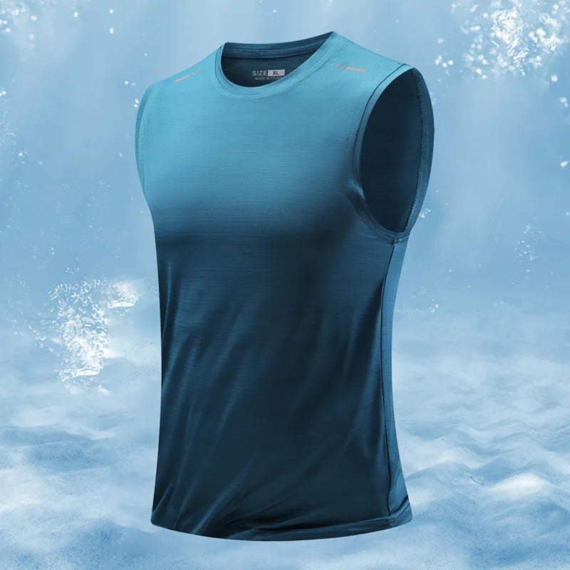 Men's loose fit sleeveless waistcoat vest in bamboo blend fabric, shown in Lake Blue colour.