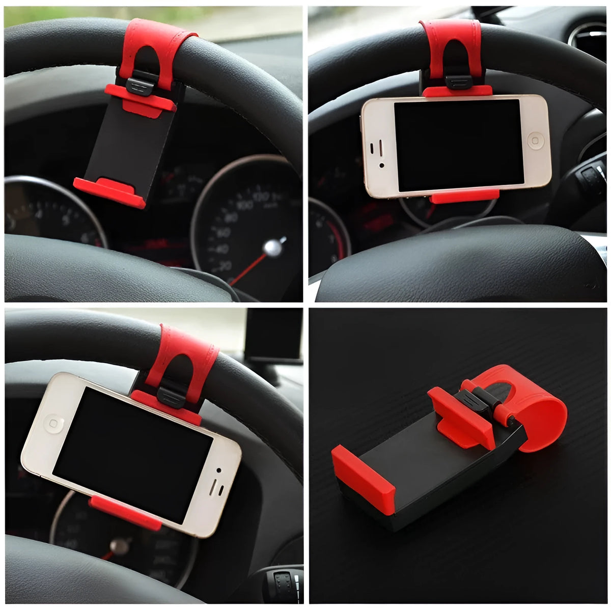 Black universal car steering wheel clip mount holder for mobile phones and GPS devices.
