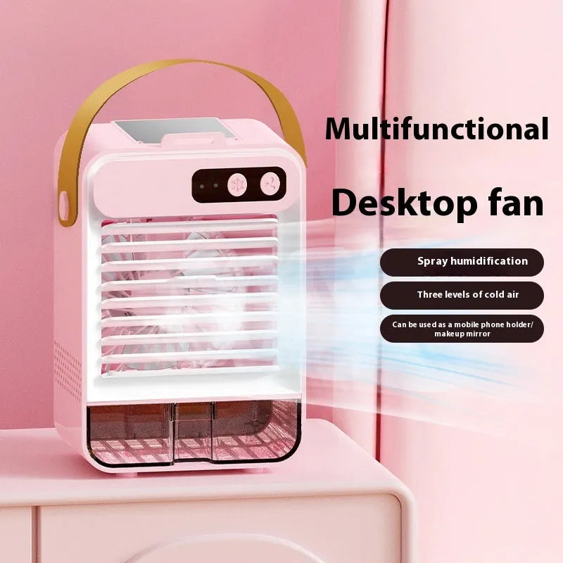 Dark green portable desk fan with USB port and lithium battery on office desk