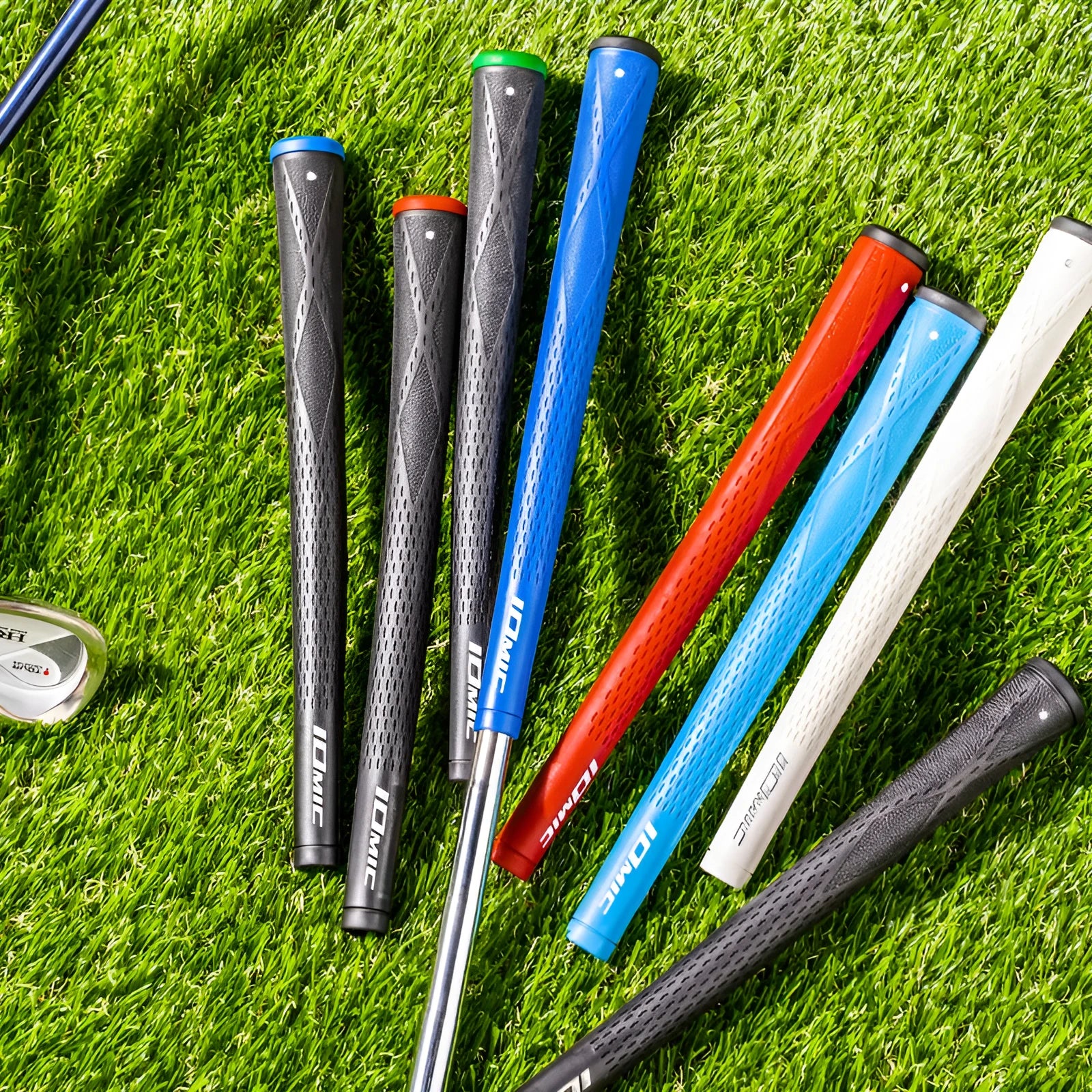 TPE material golf club grip shown in various colour options including pink, red, blue, and two-tone black.