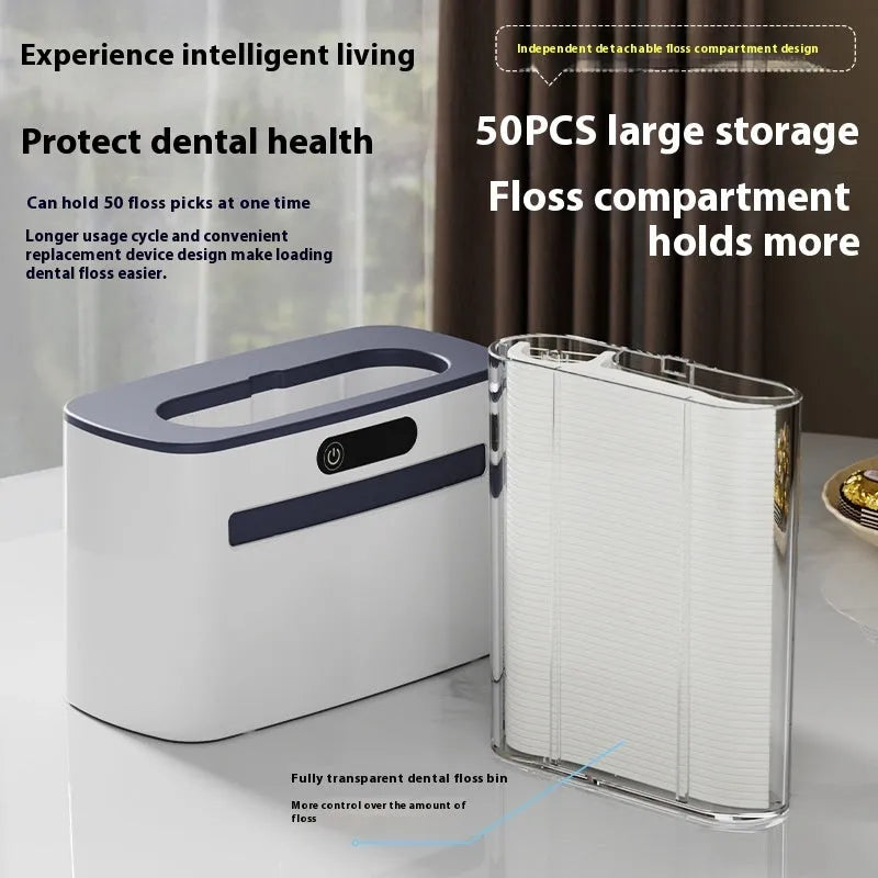 Intelligent induction dental floss box in dark grey colour showing automatic pop-up mechanism with rechargeable battery