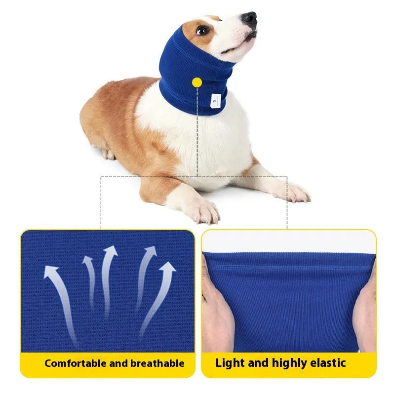 Blue and grey polyester dog headband scarf shown in sizes S, M, and L.