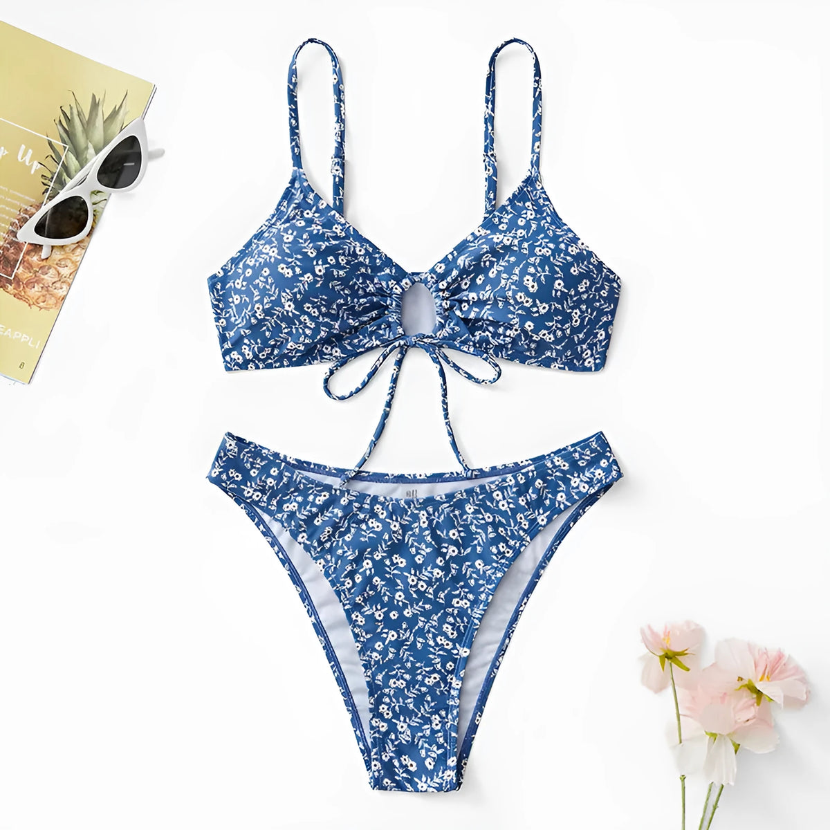 Blue three-piece swimsuit set without underwire including top and shorts